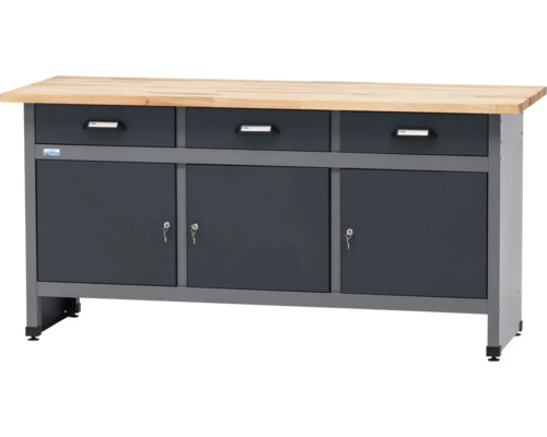 Werkbank Küpper made in Germany 1700x840x600 mm 3 Türen 3 Schubladen anthrazit grau Werkbank mit drei Schubladen, drei Schrankfächern und Arbeitsplatte aus Holz