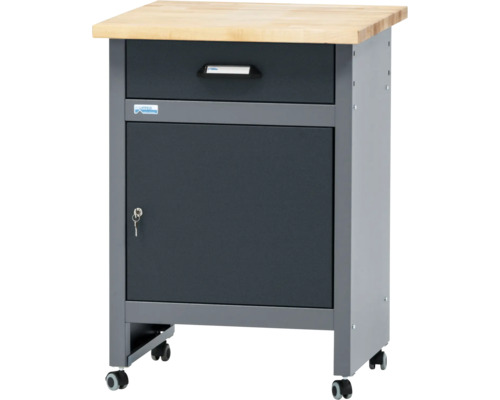 Beistelltisch Küpper 600 x 840 x 600 mm 1 Tür 1 Schublade, rollbar, anthrazitgrau-hellgrau Werkbank-Rollcontainer mit Schublade, Tür, Schlüssel und Holzplatte