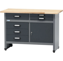 Werkbank mit Holzplatte, Schubladen und Schrank