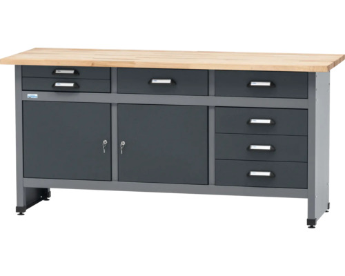 Werkbank Küpper made in Germany 1700x840x600 mm 2 Türen 7 Schubladen anthrazit grau Werkbank mit Schubladen und Schrankfächern sowie einer Arbeitsplatte aus Holz