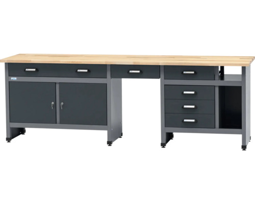 Werkbank Küpper 2400 x 840 x 600 mm 6 Schubladen 2 Türen anthrazitgrau-hellgrau Werkbank mit Schubladen, Schränken und einer Arbeitsplatte aus Holz.