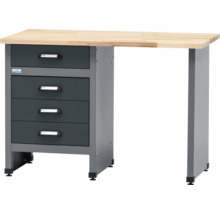 Werkbank mit Schubladen und Holzplatte