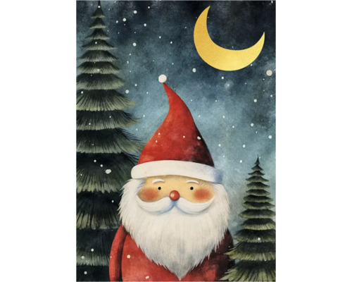 Gemälde von Weihnachtsmann, Mond und Bäumen