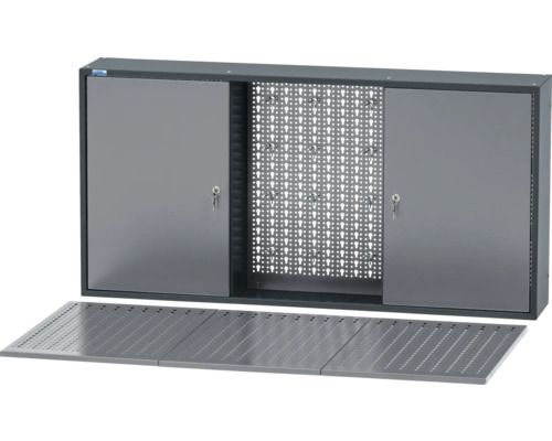 Schrank Küpper made in Germany 1200x600x200 mm 2 Türen 4 Einlegeböden anthrazit grau Schlüsselschrank mit Lochblech und Schlüsselablage