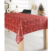 Festliche Tischdecke mit Hirsch- und Tannenbaum-Muster auf einem Esstisch