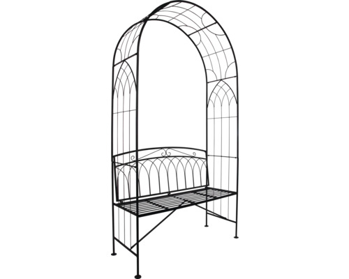 Gartenbank mit Rosenbogen aus Metall