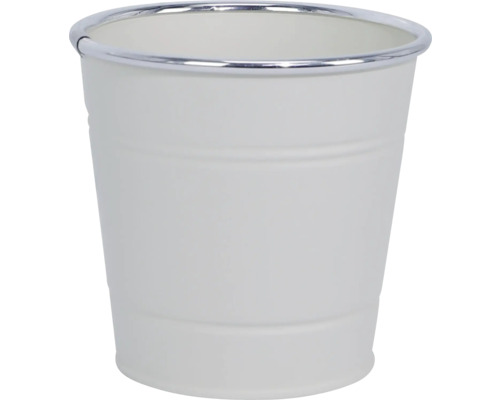 Weißer Metalleimer mit silberfarbenem Rand