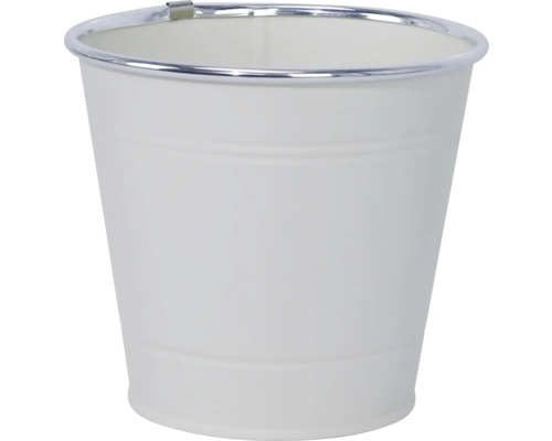 Weißer Metalleimer mit silbernem Rand