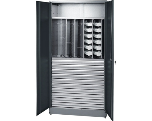 Schrank Hochschrank Küpper made in Germany 910x1800x450 mm 10 Schubladen 3 Lochrückwände 18 Boxen anthrazit grau Geöffneter Werkzeugschrank mit Regalböden, Schubladen und Hängevorrichtungen zur Werkzeugaufbewahrung