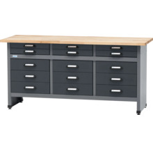 Werkbank mit neun Schubladen und Arbeitsplatte aus Holz
