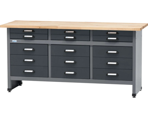 Werkbank mit neun Schubladen und Arbeitsplatte aus Holz