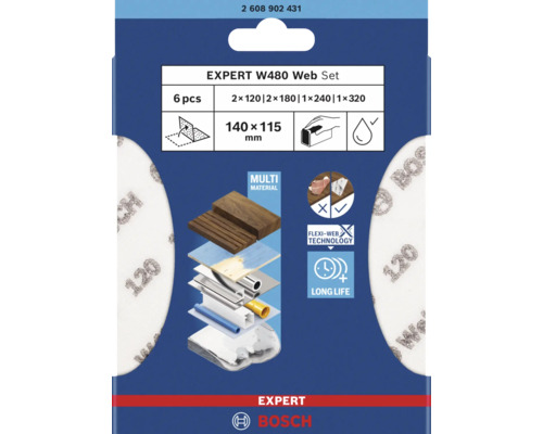 Schleifblatt Bosch EXPERT W480 für Handschleifer K 120 180 240 320 Ungelocht 6 Stück