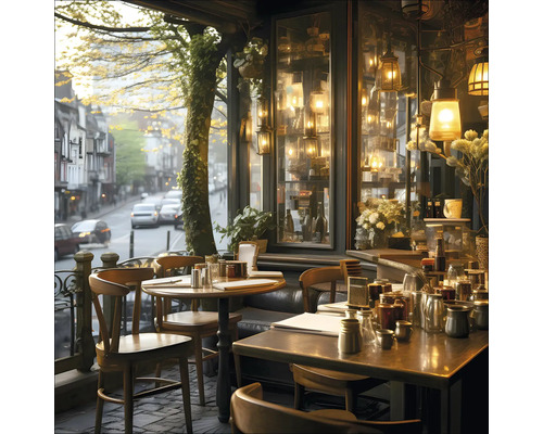 Innenansicht eines Cafés mit Tischen, Stühlen und Dekorationen.