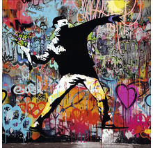 Banksy Kunstdruck mit Graffiti-Hintergrund und Mann, der einen Blumenstrauß wirft