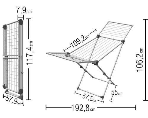 Abbildung eines Wäscheständers mit Maßangaben