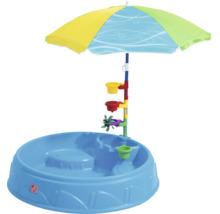 Badesandkasten mit Sonnenschirm und Wasserspiel