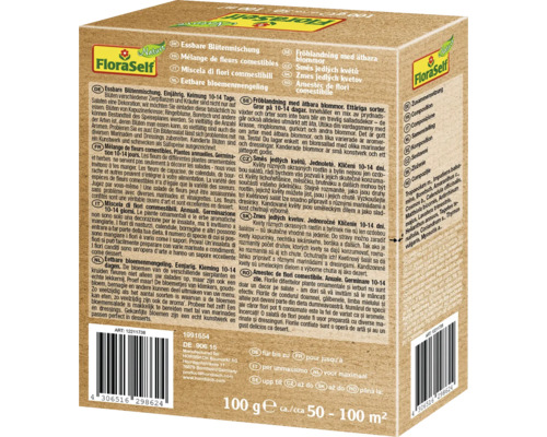 FloraSelf essbare Blütenmischung Verpackung mit Informationen zu Zusammensetzung und Verwendung