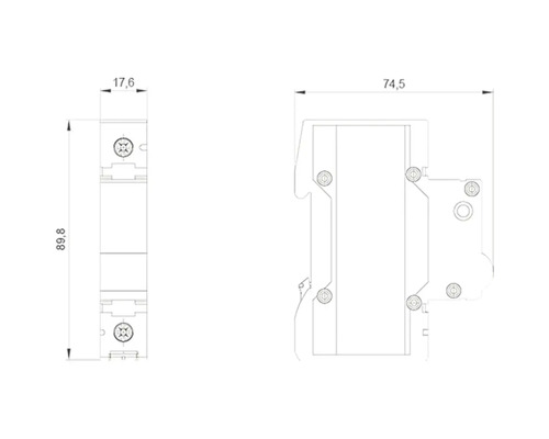 Technische Zeichnung eines Fehlerstromschutzschalters mit Maßangaben