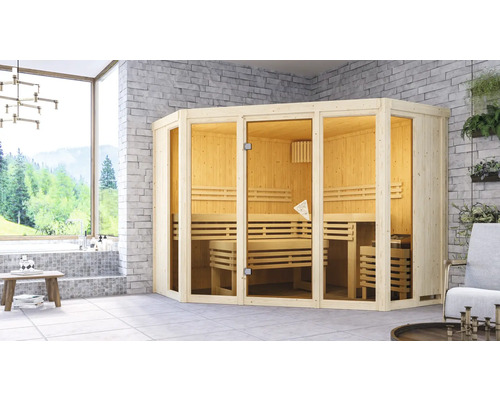 Elementsauna Karibu Armira 2 inkl. 9 kW Ofen u.integr.Steuerung ohne Dachkranz mit Ganzglasfensterfront