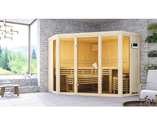 Elementsauna Karibu Armira 2 inkl. 9 kW Ofen u.ext.Steuerung ohne Dachkranz mit Ganzglasfensterfront