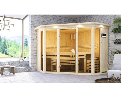 Elementsauna Karibu Armira 2 inkl. 9 kW Ofen u.ext.Steuerung mit Dachkranz und Ganzglasfensterfront