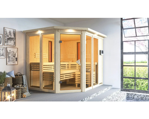 Elementsauna Karibu Avara inkl .9 kW Bio Ofen u.ext.Steuerung mit Dachkranz und bronzierter Ganzglastüre