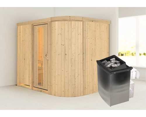 Elementsauna Karibu Korall IV inkl. 9 kW Ofen u.integr.Steuerung ohne Dachkranz mit Holztüre und Isolierglas wärmegedämmt Elementsauna Karibu Korall IV inkl. 9 kW Ofen u.integr.Steuerung ohne Dachkranz mit Holztüre und Isolierglas wärmegedämmt