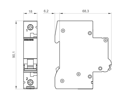 Technische Zeichnung eines Leitungsschutzschalters mit Maßangaben