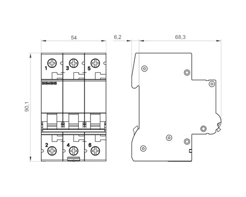 Technische Zeichnung eines Leitungsschutzschalters mit Maßangaben