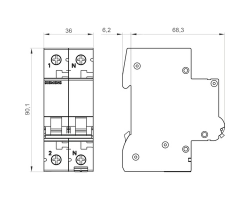 Technische Zeichnung eines Siemens Leitungsschutzschalters mit Maßen