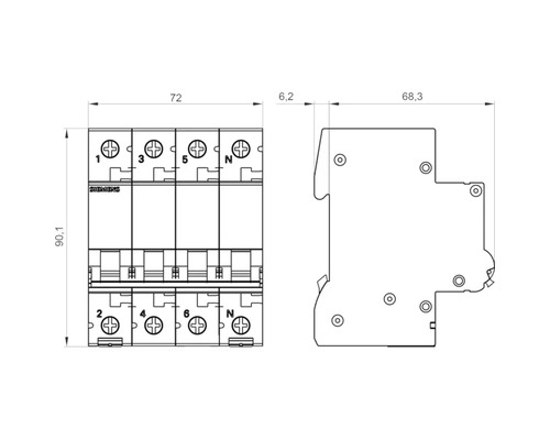 Technische Zeichnung eines Siemens Leitungsschutzschalters mit Maßangaben