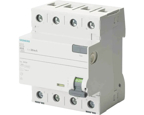 Fehlerstromschutzschalter (RCD) Siemens 4-polig, 30 mA, 400 V, kurzzeitverzögert Fehlerstrom-Schutzschalter 63 Ampere