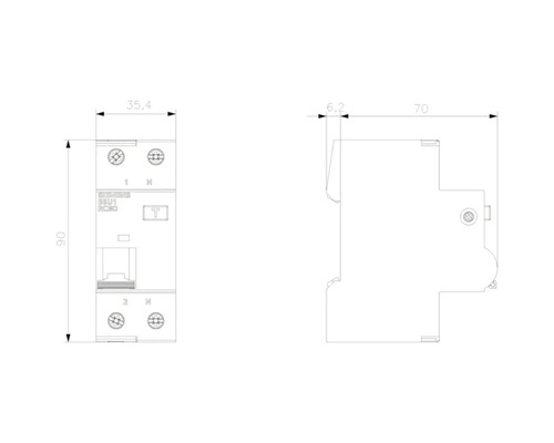 Technische Zeichnung eines Siemens Fehlerstromschutzschalter Leitungsschutzschalters mit Maßangaben