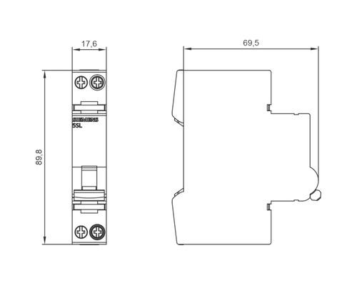 Technische Zeichnung eines Leitungsschutzschalters mit Maßangaben