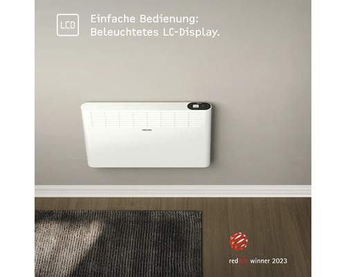 An der Wand montierter, weißer Heizkörper mit LCD-Display und Red Dot Winner 2023 Auszeichnung