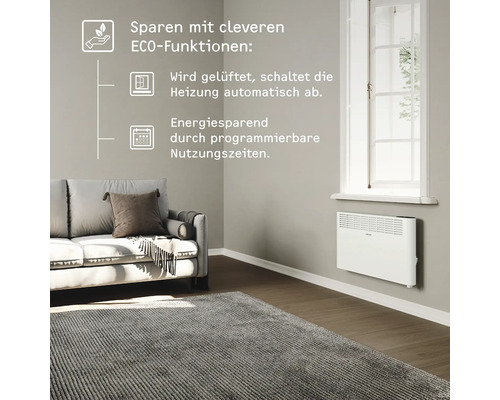 Wohnzimmer mit Heizkörper und Hinweisen zu cleveren ECO-Funktionen.