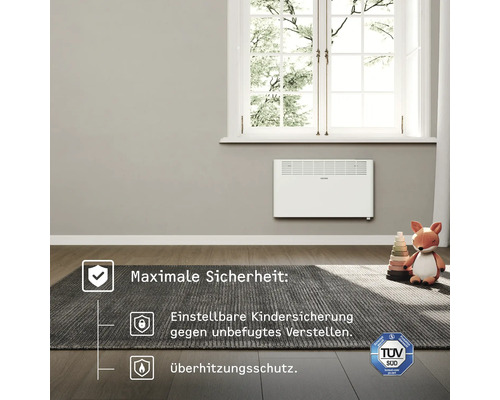 Szene mit einem Heizkörper an der Wand, einem Fenster und Sicherheitshinweisen wie maximaler Sicherheit, einstellbarer Kindersicherung und Überhitzungsschutz.
