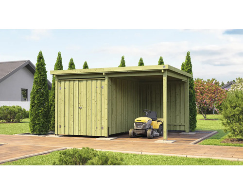 Gartenhaus mit Schiebetür und Rasentraktor