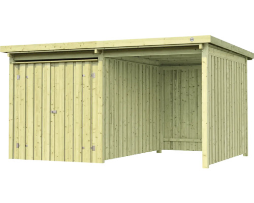 Holzschuppen mit Tür und offenem Bereich