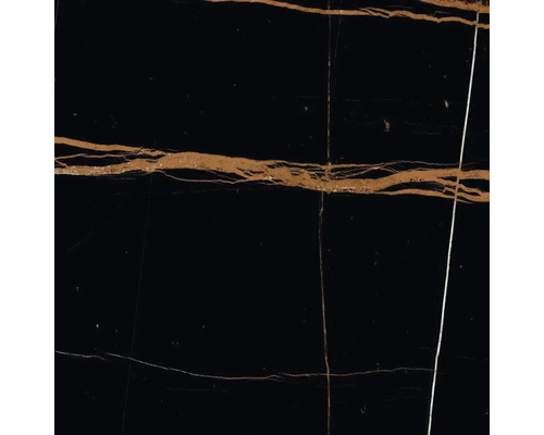 Detailaufnahme einer schwarzen Steinzeugfliese mit goldener und weißer Marmorierung
