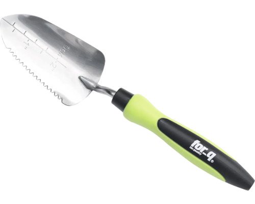 Gartenschaufel aus Stahl mit Messskala und gezahnter Kante