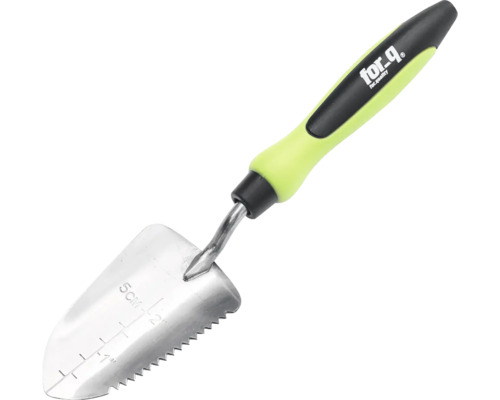 Handschaufel aus Metall mit gezackter Kante und for.q Logo