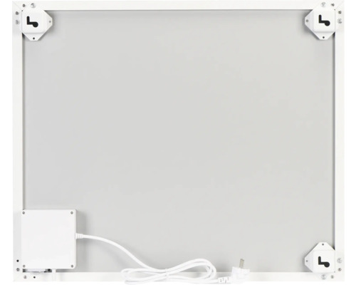 Rückansicht einer Heizplatte mit Rahmen, Montagehalterungen, Anschlussdose und Stecker