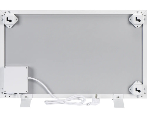 Rückansicht einer Infrarotheizung mit Wandhalterung und Stromkabel