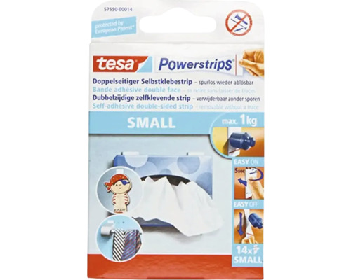 Tesa Powerstrips, kleine doppelseitige Klebestreifen, spurlos entfernbar, maximale Traglast ein Kilogramm, Packungsinhalt 14 Stück