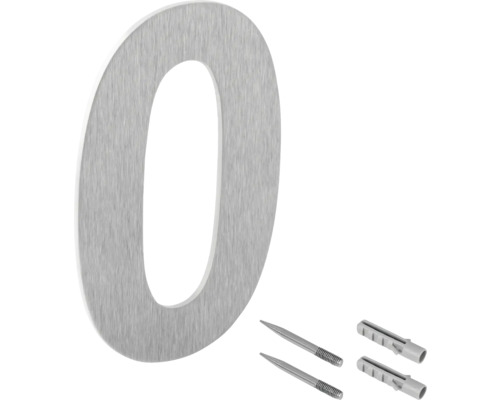 Hausnummer 0 aus Edelstahl mit Befestigungsmaterial