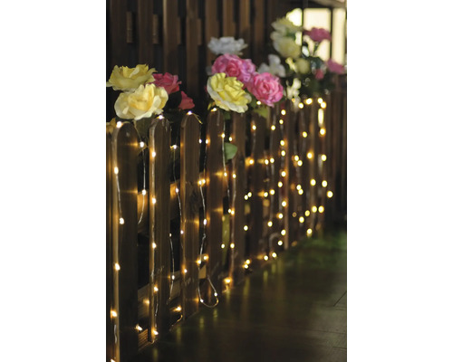Dekorativer Holzzaun mit Blumen und Lichterkette