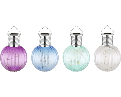 Vier Solarleuchten in Birnenform mit Glühbirnenkopf und Aufhänger