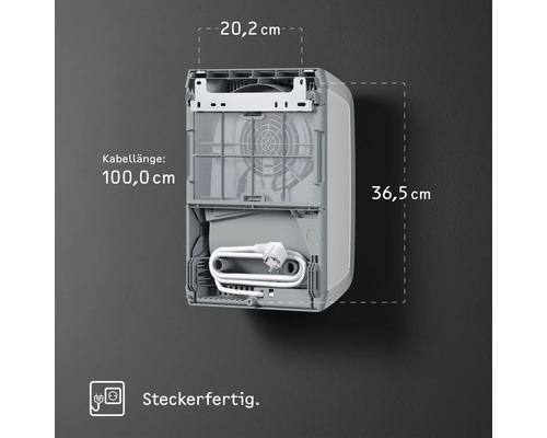 Rückansicht eines Luftentfeuchters mit Maßangaben zur Kabellänge und Gerätemaße