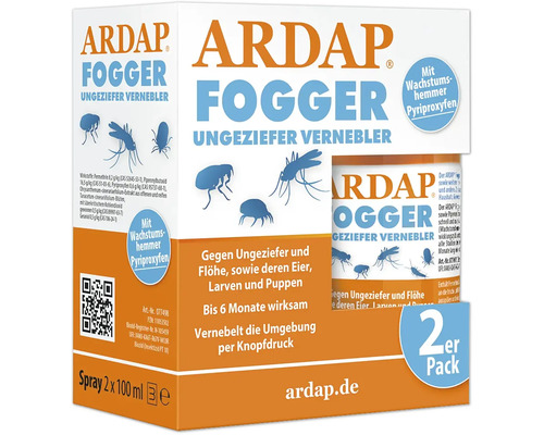 Ungezieferspray Vernebler ARDAP Fogger 2er Pack (2 x 100 ml) gegen Fliegen, Zweiflügler,sowie Insekten wie Flöhe, Zecken, Milben, Läuse, Schaben, Motten und Spinnen für 2 x 30 m² wirkt sofort und bis zu 6 Monate